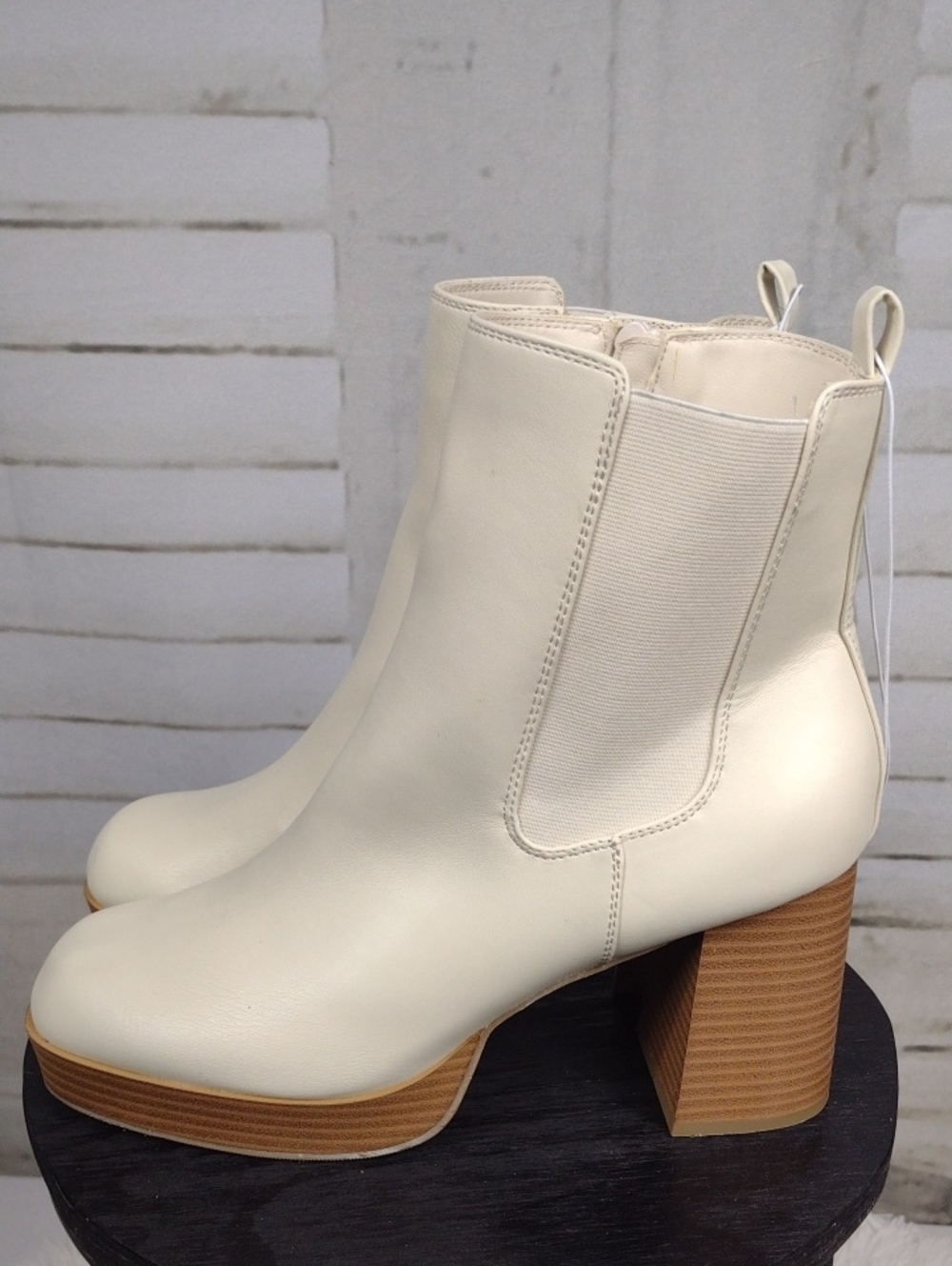 Cream Platform Chelsea Booties with Stacked Tan Heel Size 11